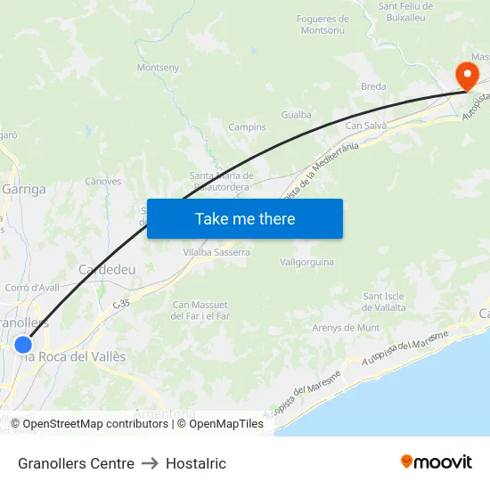 Granollers Centre to Hostalric map