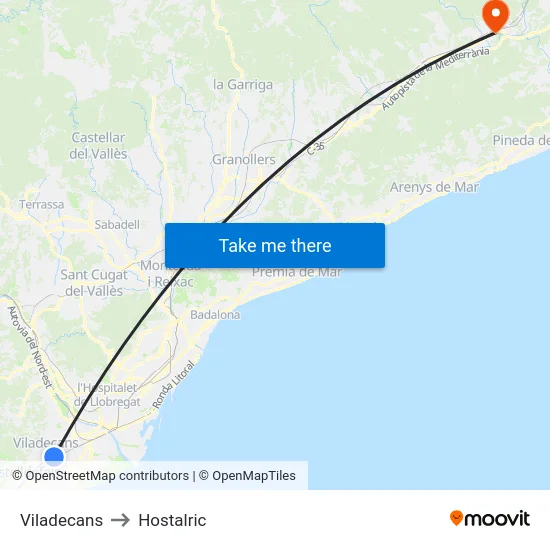 Viladecans to Hostalric map