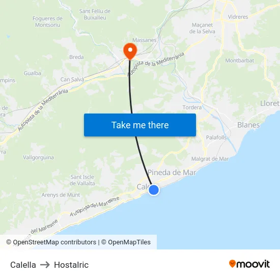 Calella to Hostalric map
