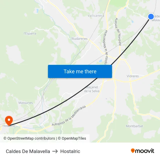 Caldes De Malavella to Hostalric map