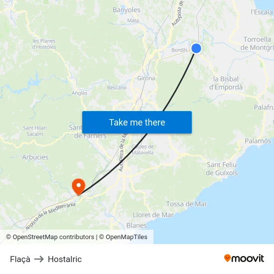 Flaçà to Hostalric map