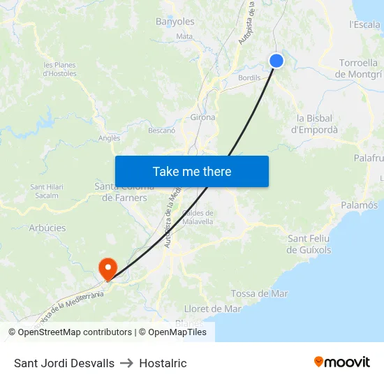 Sant Jordi Desvalls to Hostalric map