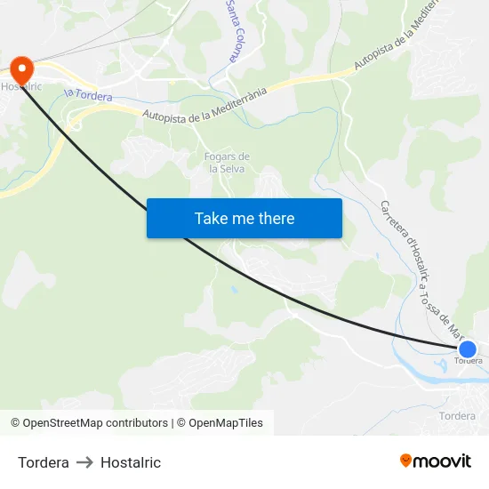 Tordera to Hostalric map