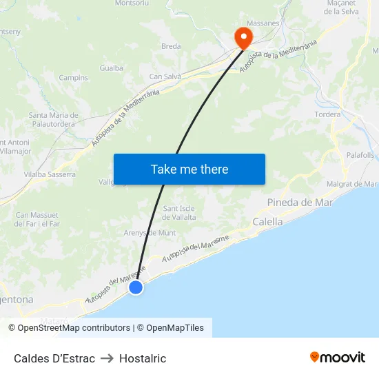 Caldes D’Estrac to Hostalric map