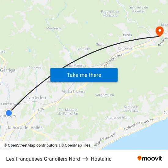 Les Franqueses-Granollers Nord to Hostalric map