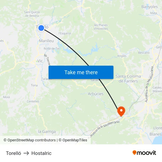 Torelló to Hostalric map
