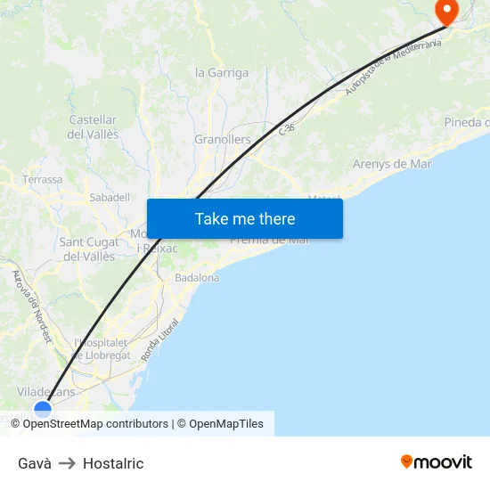 Gavà to Hostalric map
