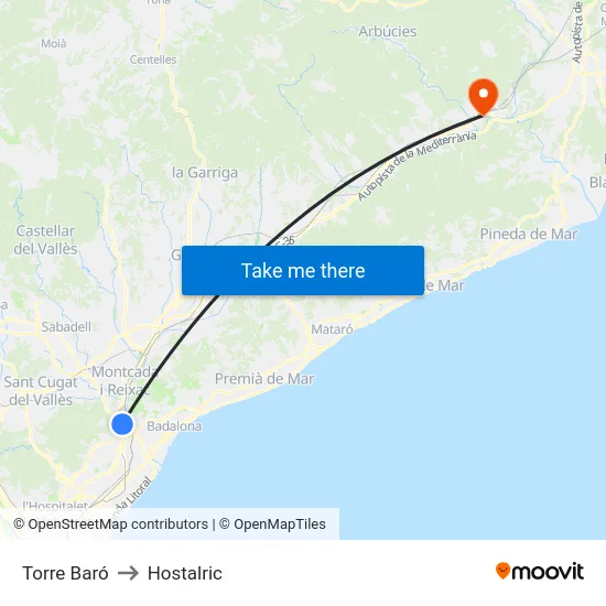Torre Baró to Hostalric map