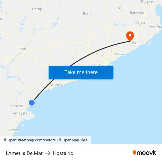 L'Ametlla De Mar to Hostalric map