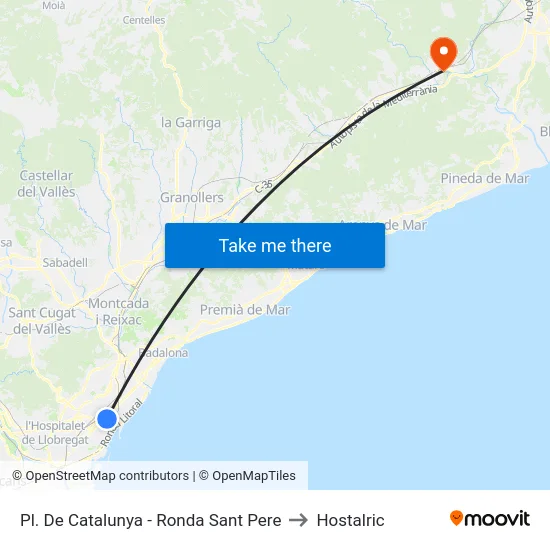 Pl. De Catalunya - Ronda Sant Pere to Hostalric map