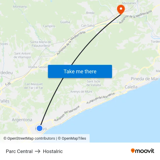 Parc Central to Hostalric map