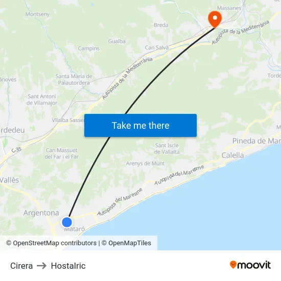 Cirera to Hostalric map