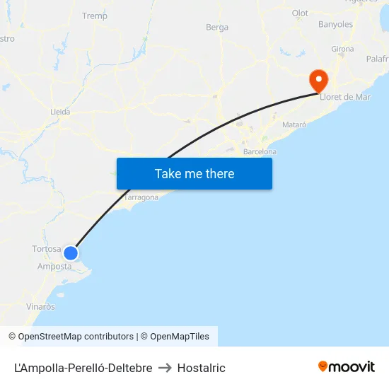 L'Ampolla-Perelló-Deltebre to Hostalric map