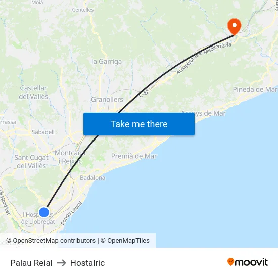 Palau Reial to Hostalric map