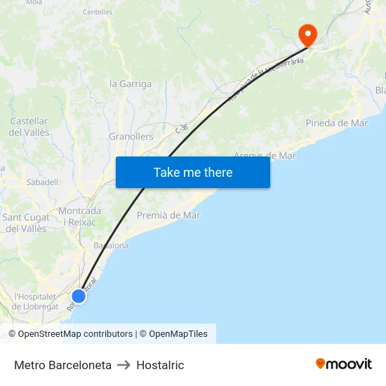 Metro Barceloneta to Hostalric map