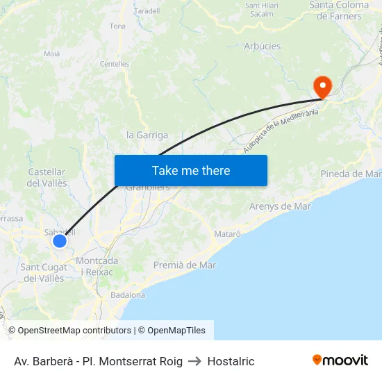 Av. Barberà - Pl. Montserrat Roig to Hostalric map