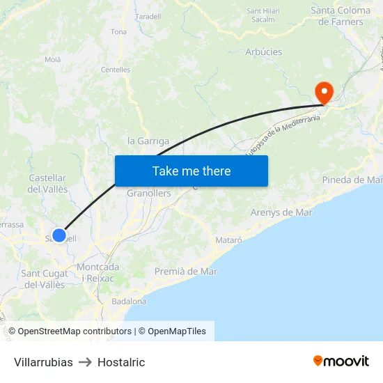 Villarrubias to Hostalric map
