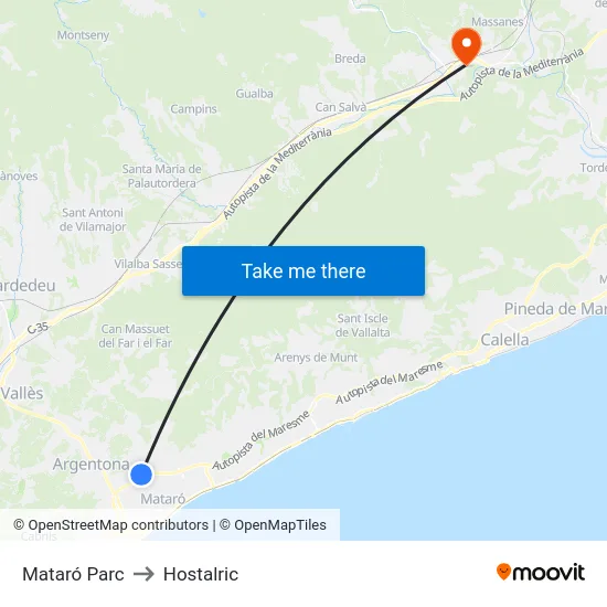 Mataró Parc to Hostalric map