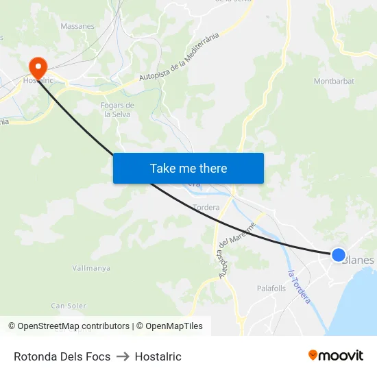 Rotonda Dels Focs to Hostalric map