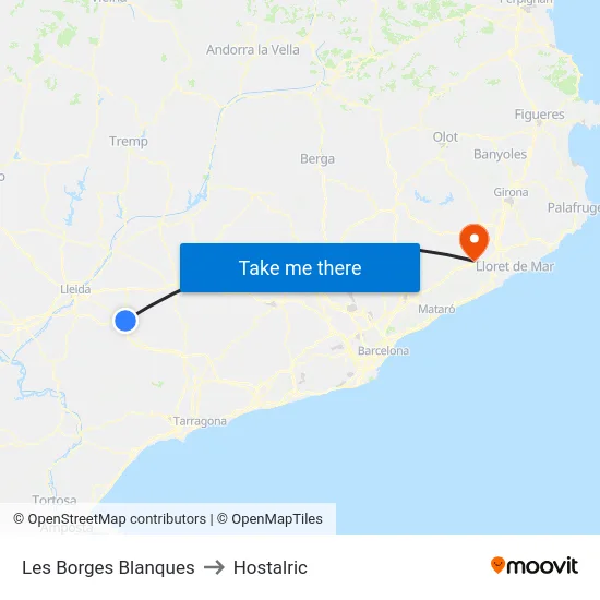Les Borges Blanques to Hostalric map