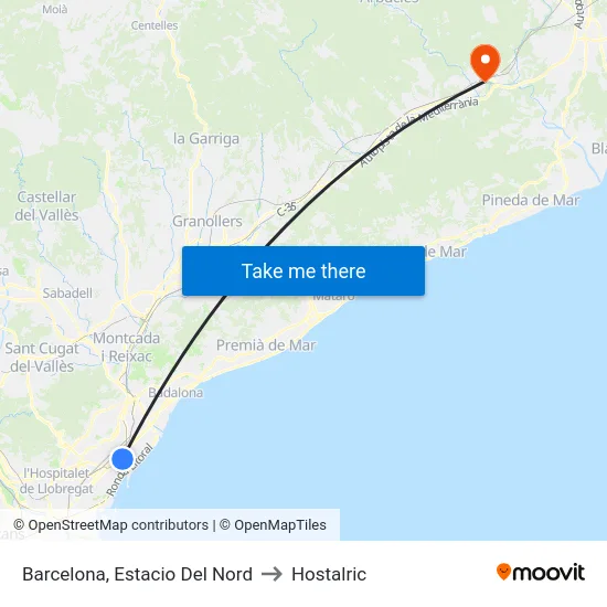 Barcelona, Estacio Del Nord to Hostalric map