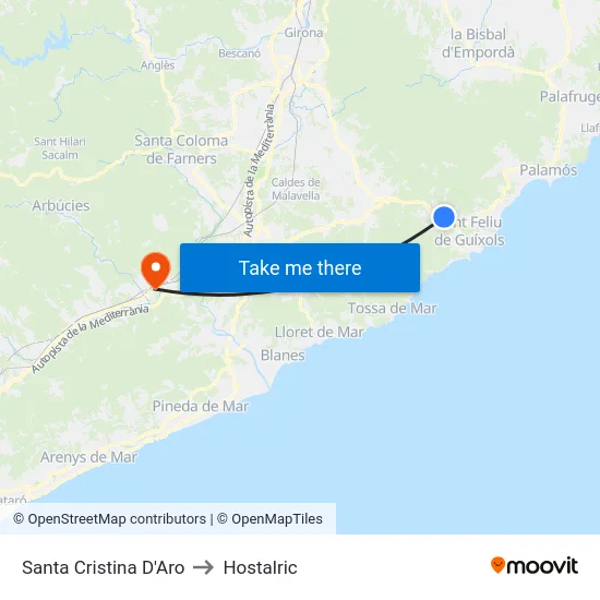 Santa Cristina D'Aro to Hostalric map