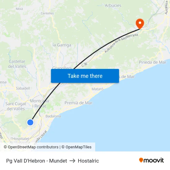 Pg Vall D'Hebron - Mundet to Hostalric map