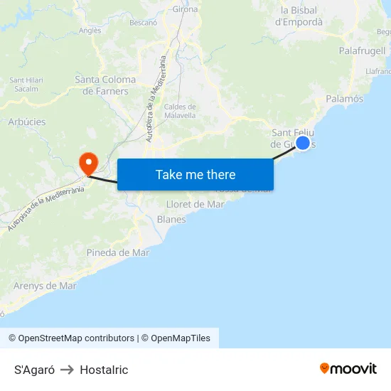 S'Agaró to Hostalric map