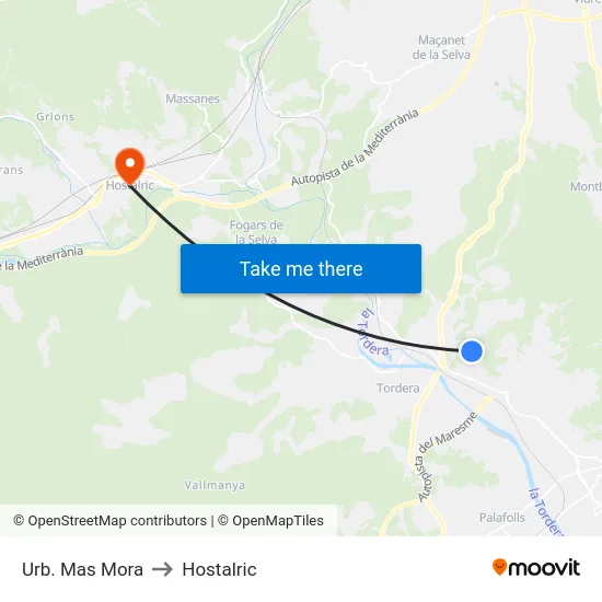 Urb. Mas Mora to Hostalric map