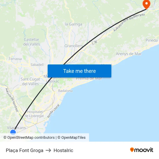 Plaça Font Groga to Hostalric map