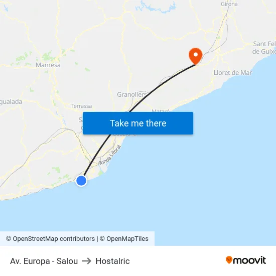 Av. Europa - Salou to Hostalric map