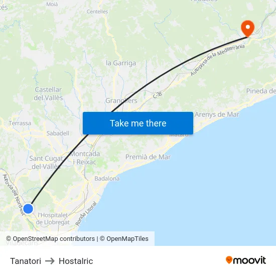 Tanatori to Hostalric map