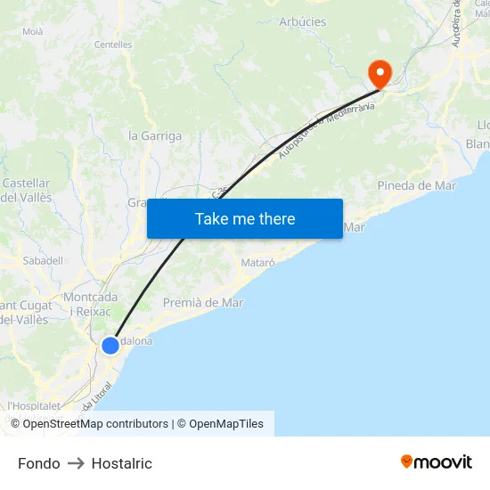 Fondo to Hostalric map