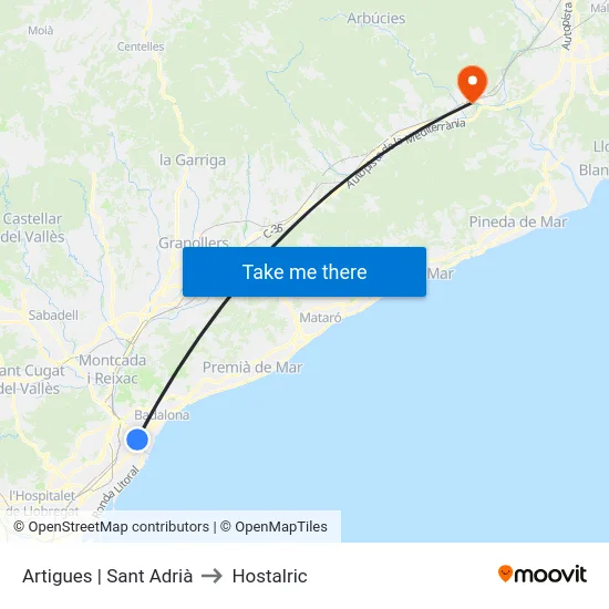 Artigues | Sant Adrià to Hostalric map