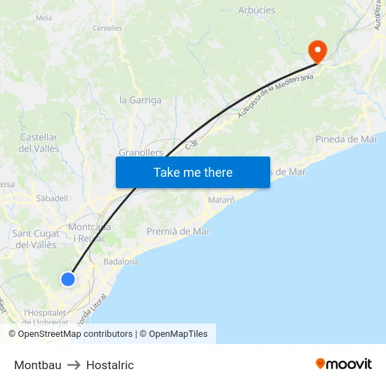 Montbau to Hostalric map