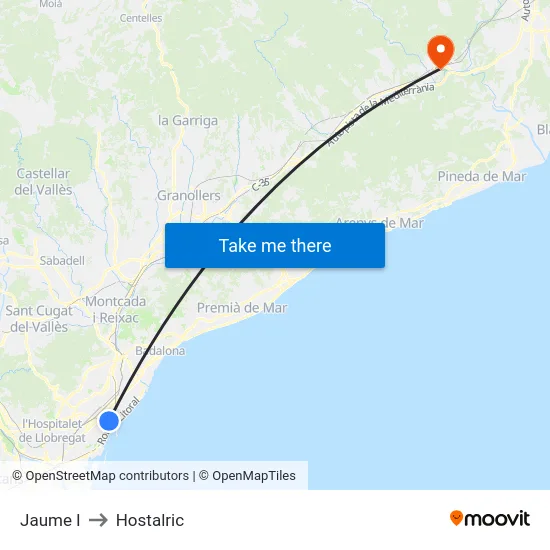 Jaume I to Hostalric map