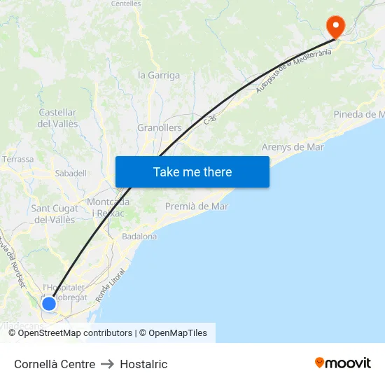 Cornellà Centre to Hostalric map