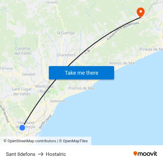 Sant Ildefons to Hostalric map