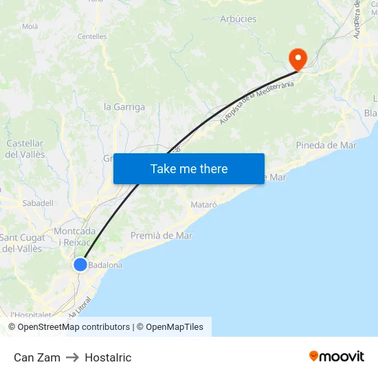 Can Zam to Hostalric map