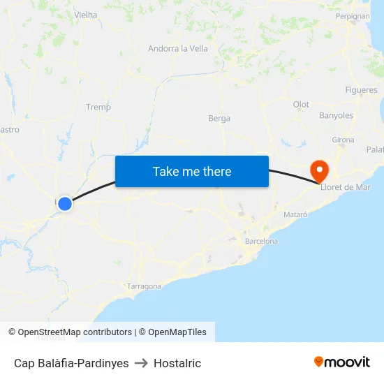Cap Balàfia-Pardinyes to Hostalric map