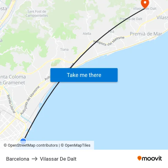 Barcelona to Vilassar De Dalt map