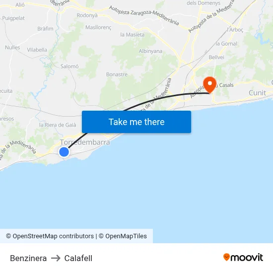 Benzinera to Calafell map