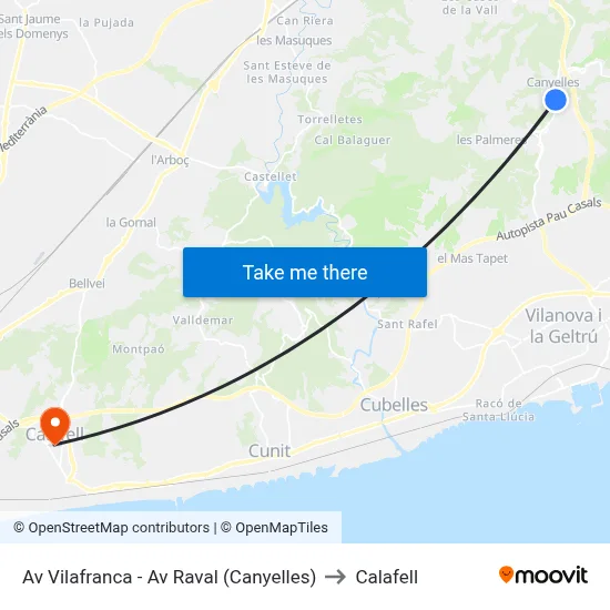 Av Vilafranca - Av Raval (Canyelles) to Calafell map