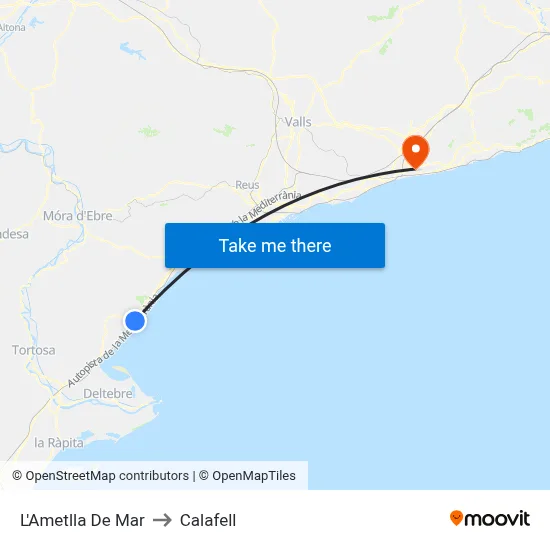 L'Ametlla De Mar to Calafell map