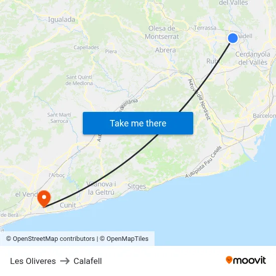 Les Oliveres to Calafell map