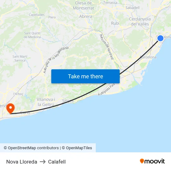 Nova Lloreda to Calafell map