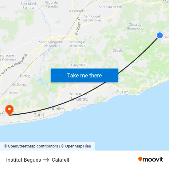 Institut Begues to Calafell map