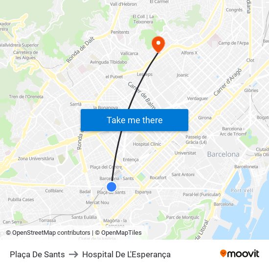 Plaça De Sants to Hospital De L'Esperança map