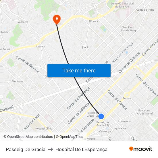 Passeig De Gràcia to Hospital De L'Esperança map