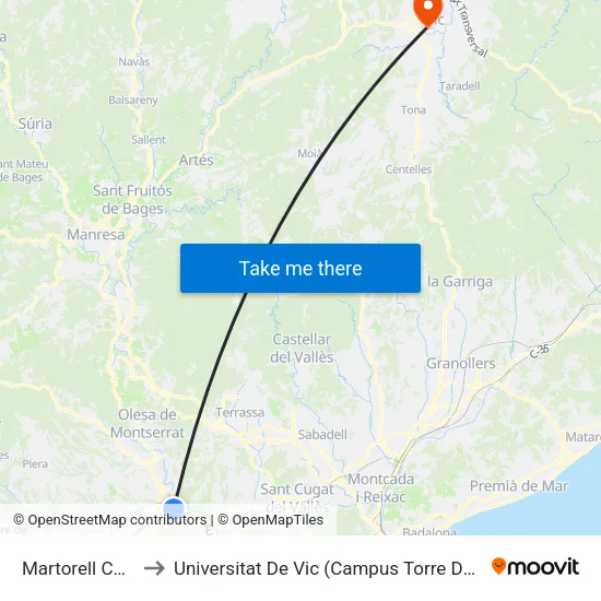 Martorell Central to Universitat De Vic (Campus Torre Dels Frares) map